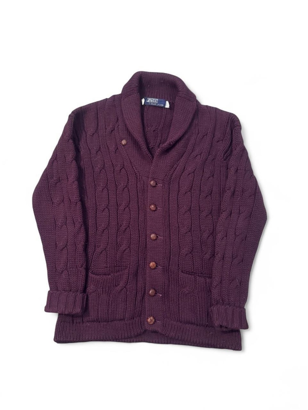 VTG 90s Polo Ralph Lauren cable knit chunky wool cardigan sweater burgundy 42 M